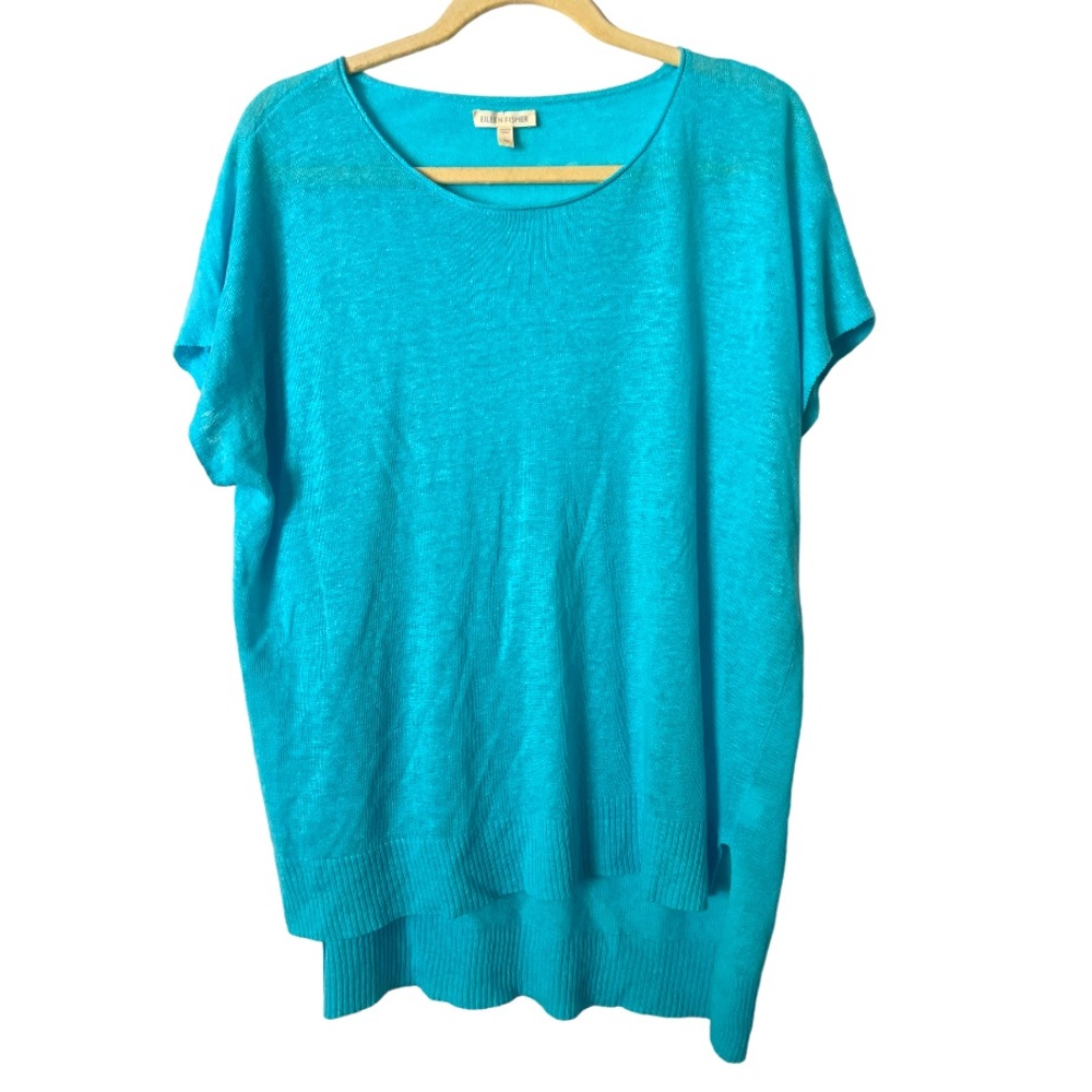 Eileen Fisher Aqua Organic Linen Italian Yarn High Low Long Line Top Size XS‎